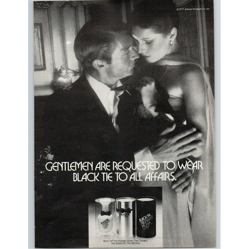 1977 Black Tie Musk Cologne Vintage Print Ad to Wear All Affairs Mistress